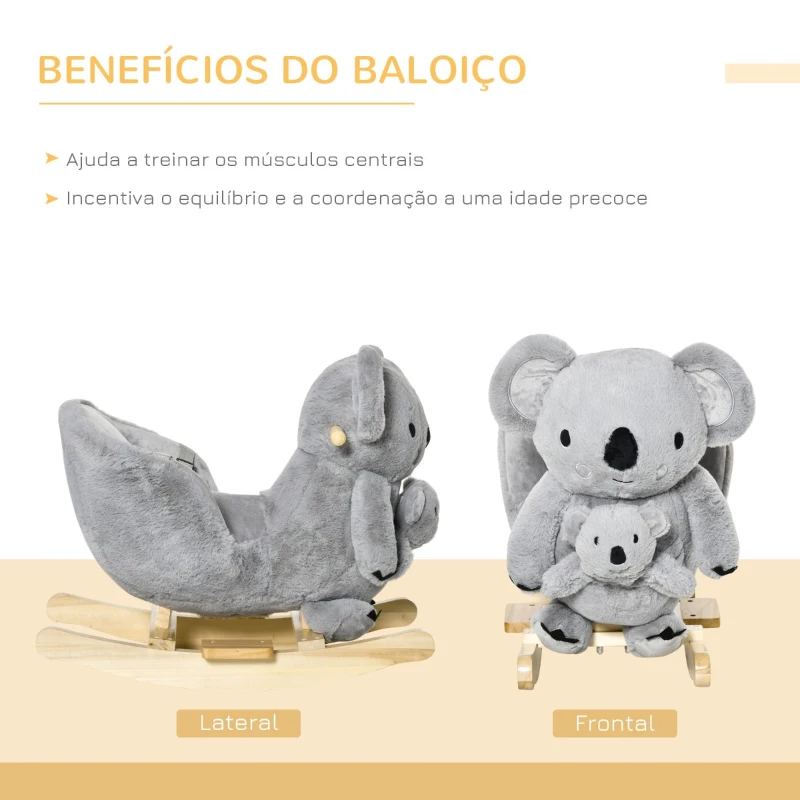 HOMCOM Baloiço Infantil com Forma de Coala com Fantoche para Bebés 18-36 Meses com Som Cinto de Segurança e Apoio para os Pés 60x33x50cm Cinza