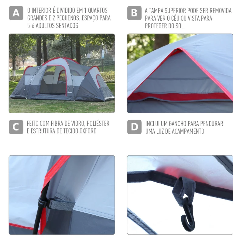Outsunny Tenda de Campismo para 4-5 Pessoas Impermeável 3000mm+ Anti UV com Bolsa de Transporte e Gancho para Luz 455x230x180cm Cinza