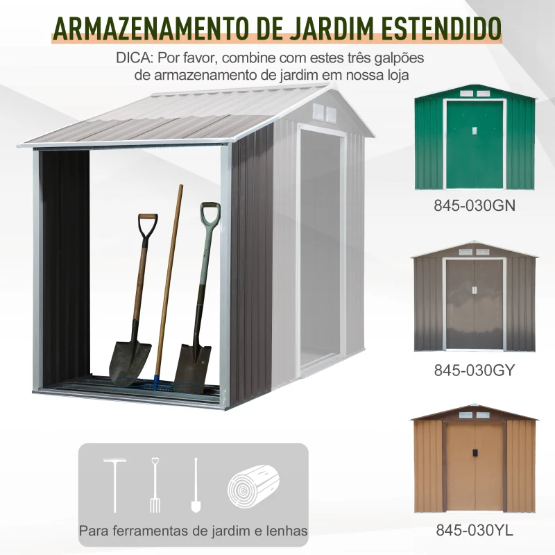 Outsunny Galpão para lenha de aço galvanizado para armazenamento de ferramentas de jardim com telhado inclinado 127x71x143 / 159 cm cinza