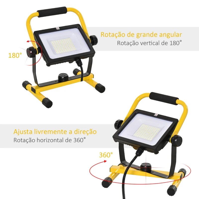 HOMCOM Foco de Trabalho LED 50W Luz de Trabalho Portátil 360° Giratório Impermeável IP65 Iluminação 5000-6000 Lúmens e 5000K Branco para Oficina Garagem Acampamento 27x19x32cm Amarelo Preto