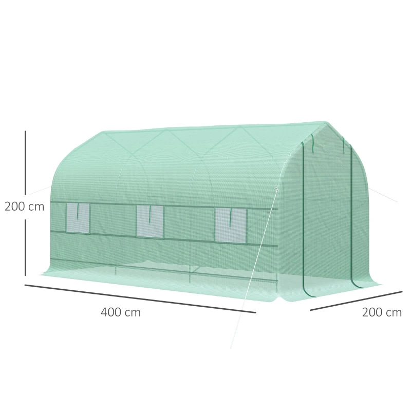 Outsunny Estufa Tipo Túnel 400x200x200cm Estufa de Jardim com 6 Janelas Transpiráveis e Portas Enrolável com Zíper para Cultivo de Plantas e Verduras Verde
