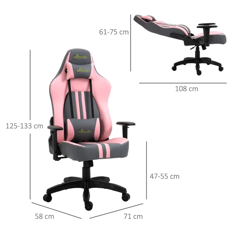 Vinsetto Cadeira gaming Ergonômico Reclinável  Altura ajustável 71x58x125-133 cm Rosa e cinza