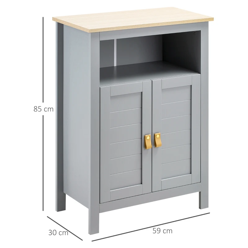 kleankin Armário de Casa de Banho Armário Auxiliar com 2 Portas e Prateleiras Interiores Ajustáveis 59x30x85 cm Cinza e Madeira