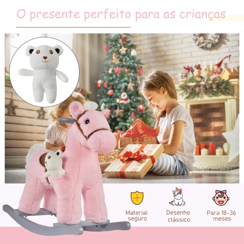 HOMCOM Cavalo Baloiço para Crianças de 18-36 Meses Cavalo de Balançar com Ursinho de Pelúcia Sons de Relinchos e Galopes base de Madeira 65x26x55cm Rosa