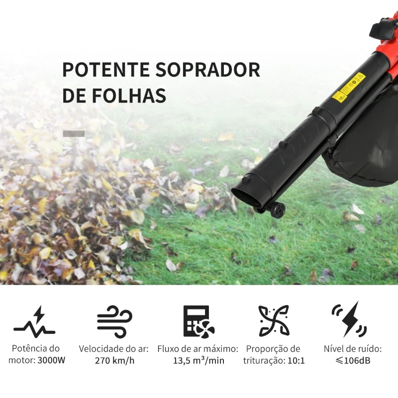 Outsunny 3 em 1 Aspirador Soprador e Triturador de Folhas Elétrico Potência 3000W Velocidade de 270km/h com Bolsa Coletora 45L e 2 Rodas 118x17x29cm Preto