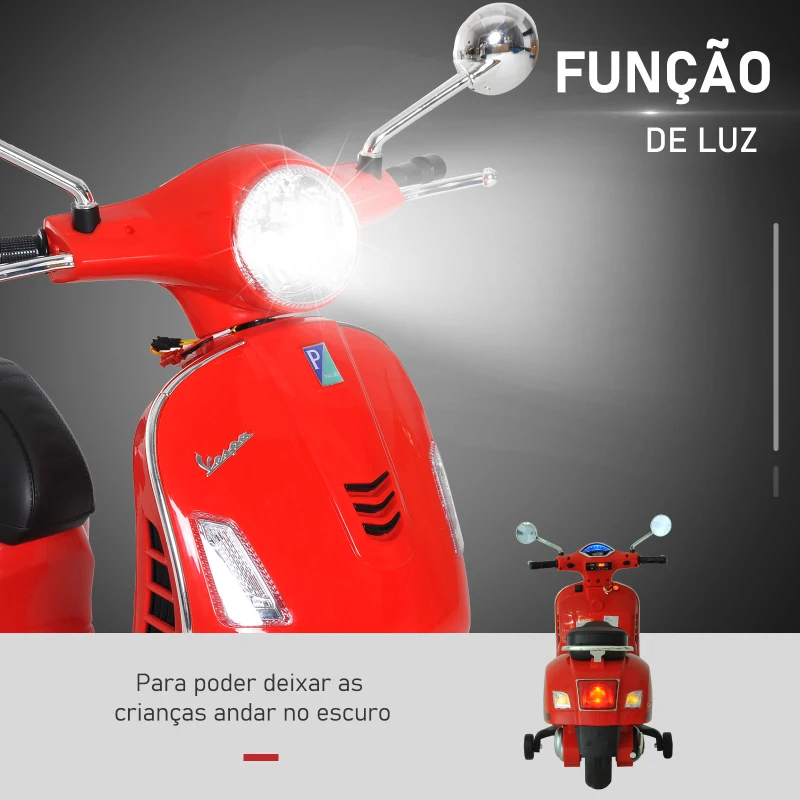 HOMCOM Mota Elétrica para Crianças com Licença Vespa com Música Velocidade 2-3 km/h e Buzina 102x50,5x75,5 cm Vermelha