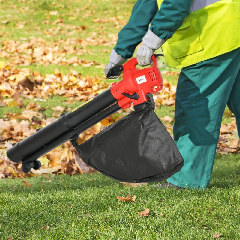 Outsunny 3 em 1 Aspirador Soprador e Triturador de Folhas Elétrico Potência 3000W Velocidade de 270km/h com Bolsa Coletora 45L e 2 Rodas 118x17x29cm Preto