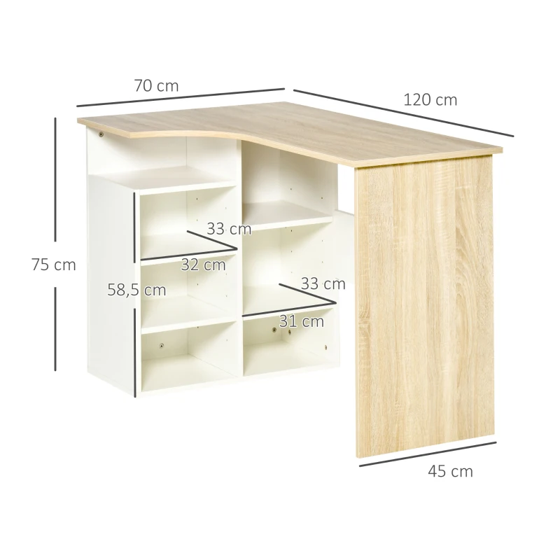 HOMCOM Secretária de Canto Secretária em Forma de L com Prateleiras Ajustáveis para Escritório Casa Estúdio 120x70x75cm Branco e Carvalho