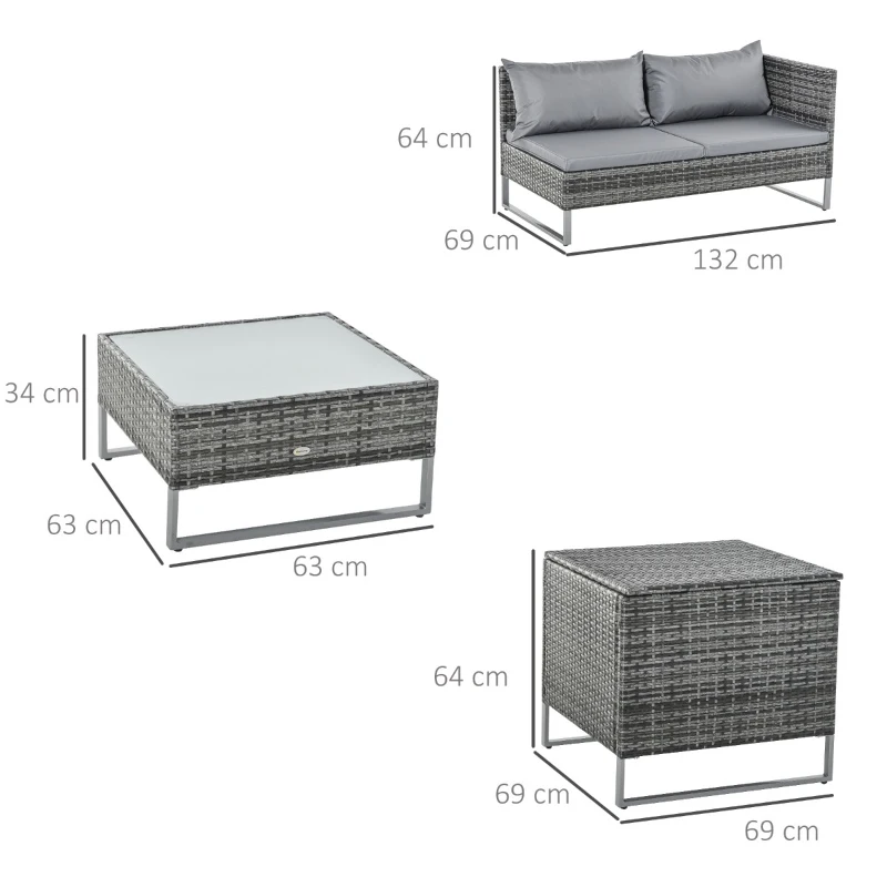 Outsunny Conjunto de 4 Móveis de vime para Jardim com 2 Sofás Duplos Mesa central mesa de baú e almofadas removíveis 132x69x64 cm Cinza