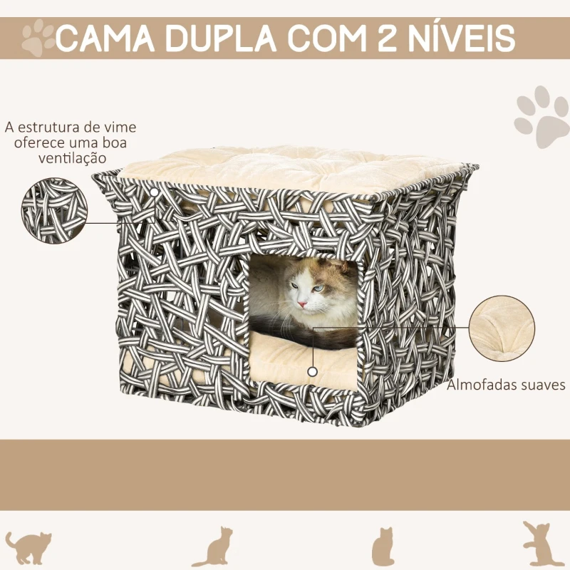 PawHut Cesta de Vime para Gatos de 2 Níveis Cama Caverna de Gatos com 2 Almofadas Suaves Estrutura de Metal 51x42x37cm Cinza e Bege