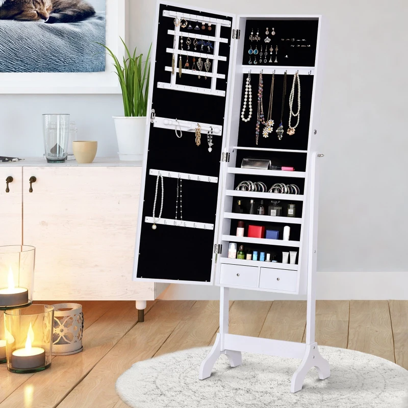 HOMCOM  Armário de Jóias 16 Luzes Reclináveis LED  de madeira 49x40x157.5cm  cor Branco