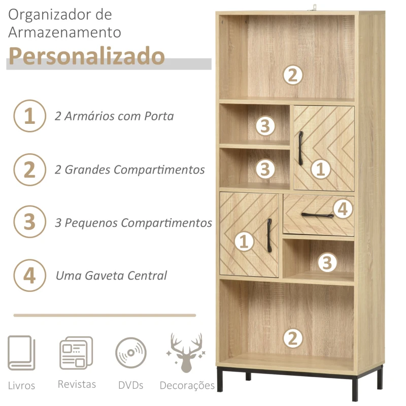 HOMCOM Estante com 5 compartimentos Gaveta 2 Armários com portas e Dispositivo Anti-tombamento 60x30x150 cm Madeira Natural