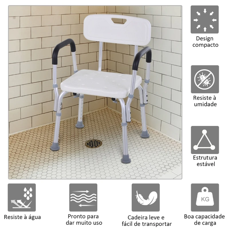 HOMCOM Cadeira para Duche Antiderrapante com Altura Ajustável em 6 Níveis Apoio para os Braços e Encosto 51,5x51,5x71-84 cm Branco