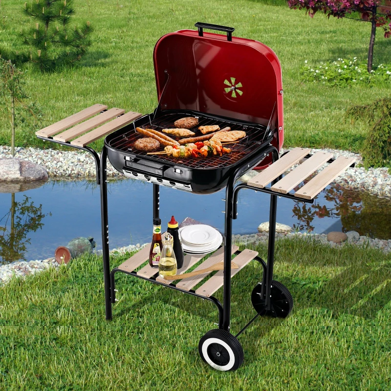 Outsunny Barbecue a Carvão com Prateleiras de Madeira e Rodas Barbecue e Carvão para Campismo Pátio 98x49x81 cm Preto e Vermelho