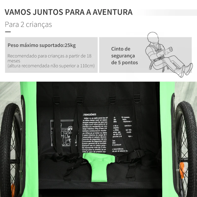 HOMCOM Reboque de Bicicleta para Crianças acima de 18 Meses 2 em 1 Carrinho de Passeio de 2 Lugares com Guidão de Altura Ajustável Barra Bandeira e Refletores 160x83x96cm Verde e Preto