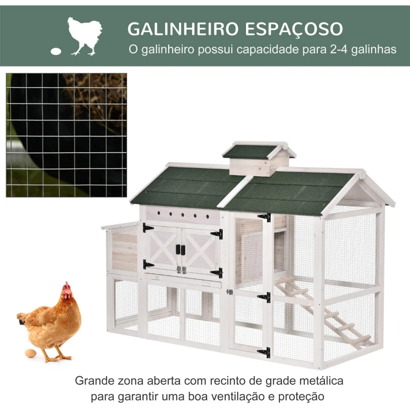 PawHut Galinheiro Exterior de Madeira de Abeto com Zona Aberta Chocadeira Bandeja Removível e Teto Dobrável 180x80,5x130cm Branco e Verde