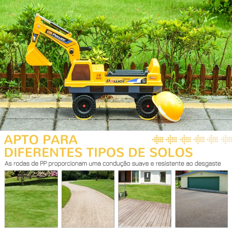 HOMCOM Escavadora Infantil sem Pedais para Crianças de 2-3 anos Carro Andador com Pá Pinça de Agarrar Luzes Música e Armazenamento Oculto 90x28x58cm Amarelo