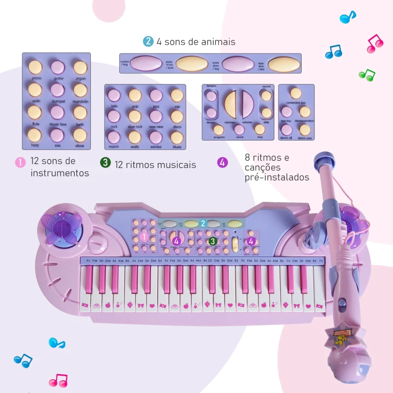 HOMCOM Piano Infantil 37 Teclas Teclado Eletrônico Brinquedo Educacional para Crianças + 3 Anos com Microfone Banco de Luzes e 22 Canções USB/MP3 Karaokê Rosa