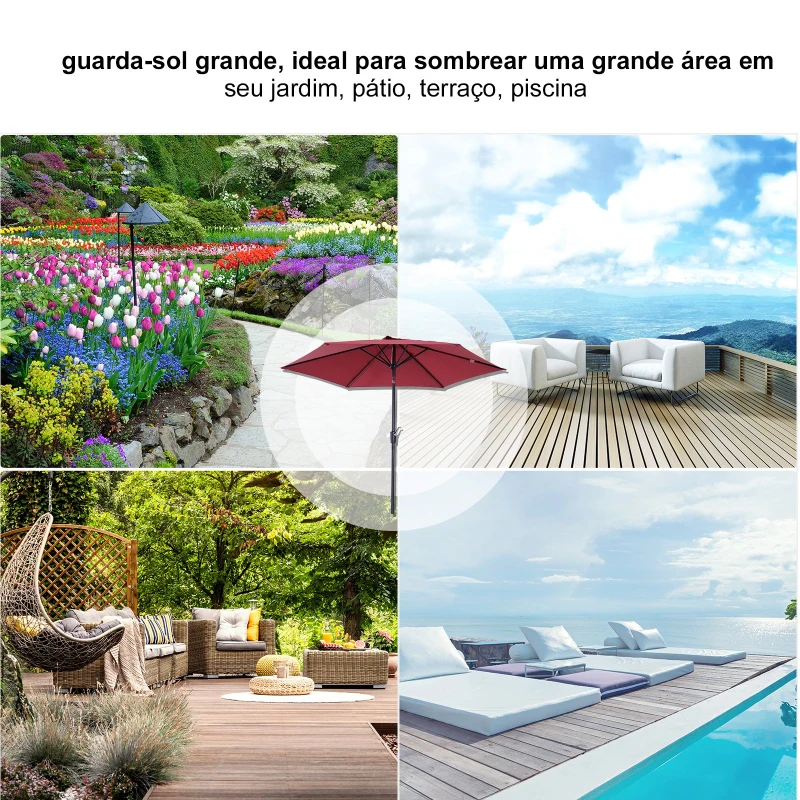 Outsunny Chapéu de Sol de Jardim Ø270x235cm Chapéu de Sol de Alumínio Reclinável com Manivela e 6 Hastes para Terraço Exterior Balcão Vermelho Escuro