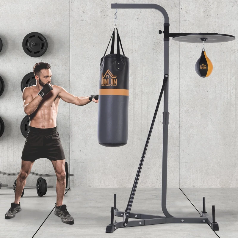 HOMCOM Saco de Boxe Suspenso com Suporte Bola de Velocidade Ajustável em Altura de 167-187cm e Inflador para Treinamento Fitness em Casa Ginásio 115×157×221 cm Preto e Cinza