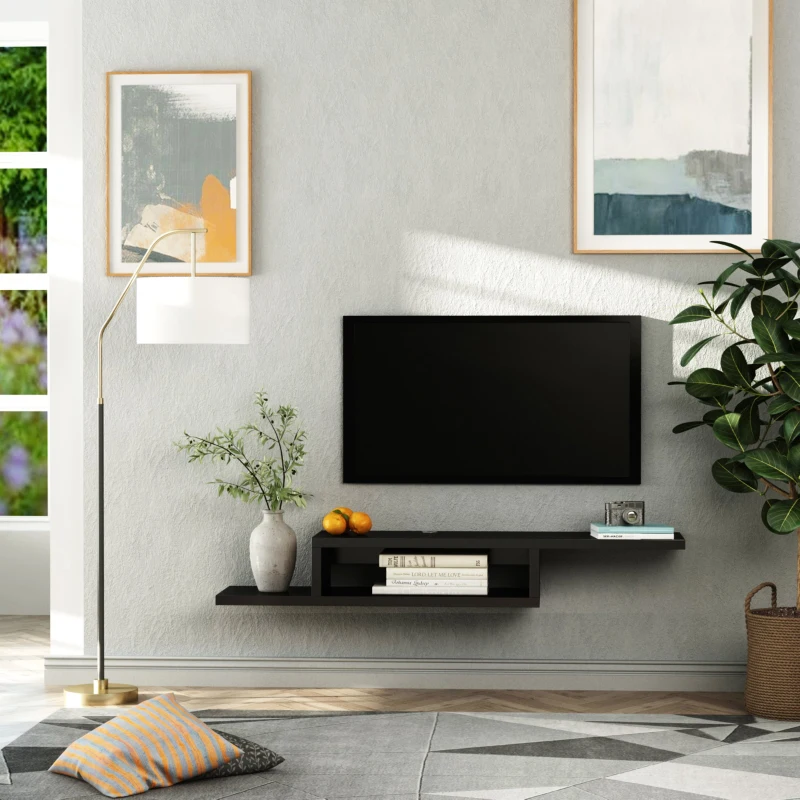 HOMCOM movel flutuante de TV para televisão de até 60 polegadas  com 2 prateleiras de madeira 152,4x29,8x21 cm Preto