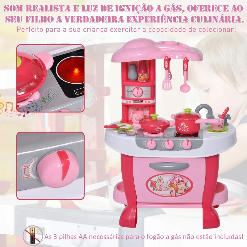 HOMCOM Conjunto de jogo de cozinha para crianças acima de 3 anos Brinquedo de jogos de papéis 38peças com função de luz e som  51 x 30 x 73 cm  rosa