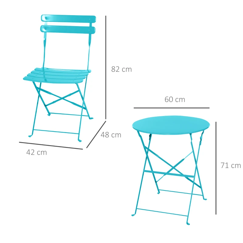 Outsunny Conjunto de móveis de jardim dobrável de 3 peças Mesa de metal e 2 cadeiras para varanda Terraço Exterior Ø60x71 cm azul