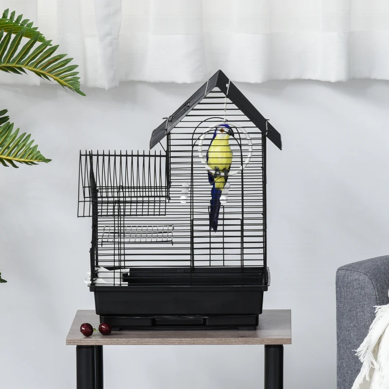 PawHut Gaiola metálica para pássaros com alimentadores ganchos giratórios e bandeja removível  39x34x47 cm Preto
