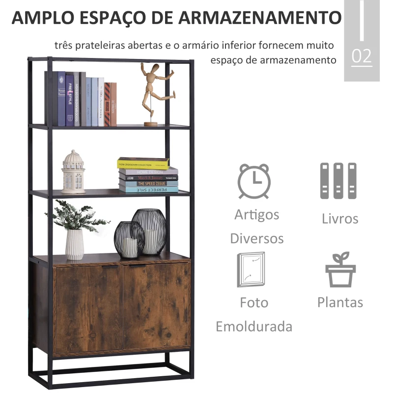 HOMCOM Estante com 3 prateleiras abertas e 1 armário de porta dupla com base elevada Estante multifuncional de armazenamento 76x33x162,5 cm Marrom Rústico