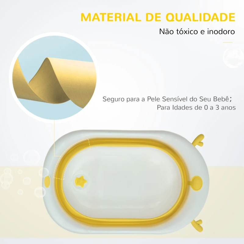 HOMCOM Banheira para Bebé Recém Nascido até 3 Anos Dobrável 30 Litros com Tampa Termossensível e Almofada Confortável Almofadas Antiderrapantes 81,5x50,5x23,5cm Amarelo e Branco