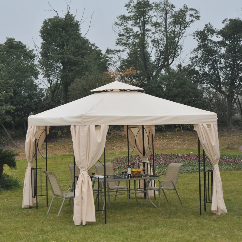 Outsunny Pérgola de jardim de 2.95 x 2.95 m com 4 cortinas laterais removíveis com zíper, 8 orifícios de drenagem e telhado duplo bege