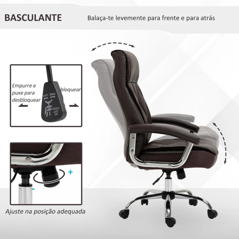 Vinsetto Cadeira de Escritório Ergonômica Giratória e Basculante com Altura Ajustável Encosto Alto e Apoio para a cabeça Acolchoado Pele Sintética 66x69x113-121cm Marrom