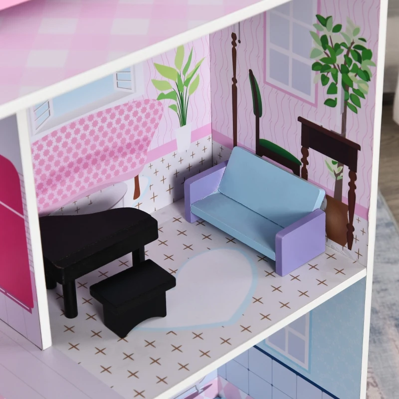 HOMCOM  2 em 1 binquedo de cozinha Casa de bonecas 3 andares com 12 acessórios incluidos para crianças acima de 3 anos  60x 48x 106 cm rosa