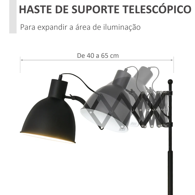 HOMCOM Lâmpada de pé com braço extensível tela ajustável Pedal interruptor Bulb Max. 40W Estrutura de metal Ф25x140 cm preto