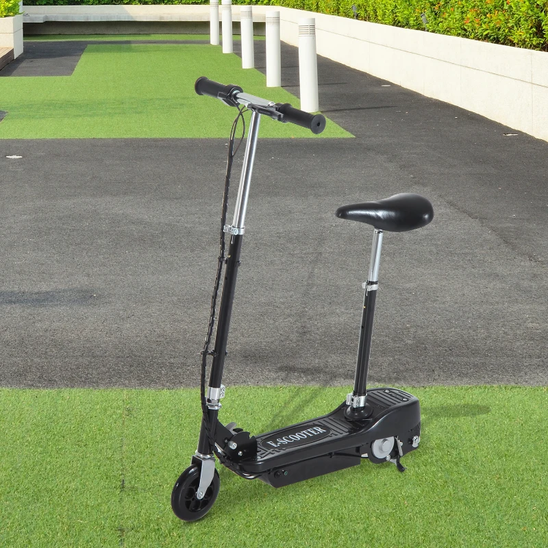 HOMCOM Trotinete Elétrica Dobrável E-Scooter com Bateria 120 W Assento Ajustável e Travão - Preto - Ferro e Plástico - 76 x 13 x 96 cm