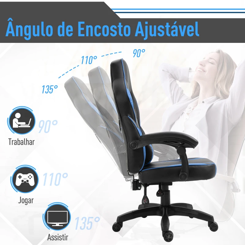 Vinsetto Cadeira gaming para escritório ergonômica reclinável até 135 ° com encosto alto Apoio de braço ajustável 64x69x119-129 cm preto e azul