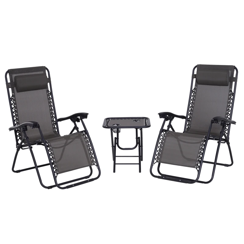 Outsunny Conjunto de 1 Mesa e 2 Espreguiçadeiras Conjunto de Exterior Dobrável e Portátil para Jardim Praia Relaxante com Encosto Reclinável Textilene Aço Cinza