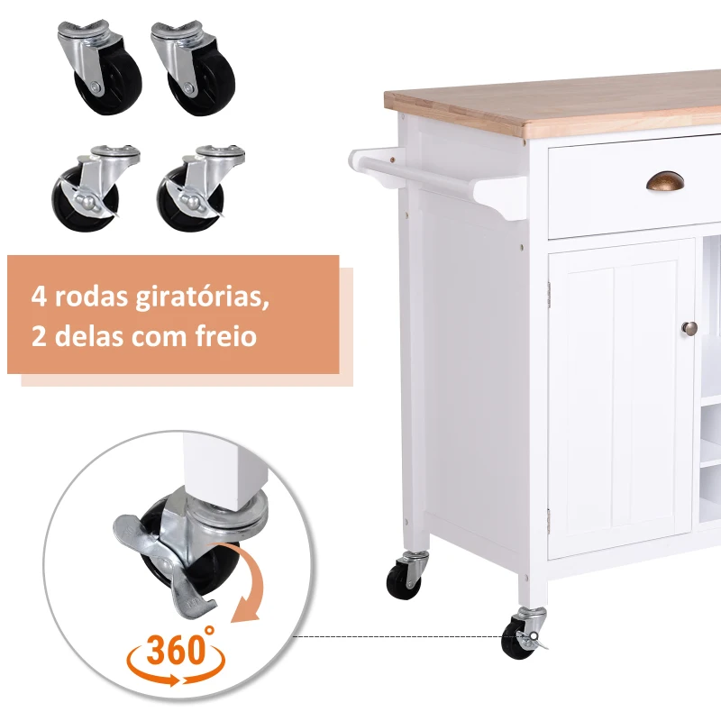 HOMCOM Ilha de Cozinha com Rodas com Gavetas Suporte para Garrafas Armários e Prateleira 113x45x89 cm Branco e Madeira