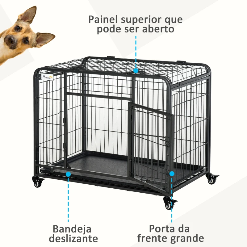 PawHut Gaiola dobrável de metal com rodas e freios Bandeja  removível e porta com travas125x76x81 cm Cinza escuro