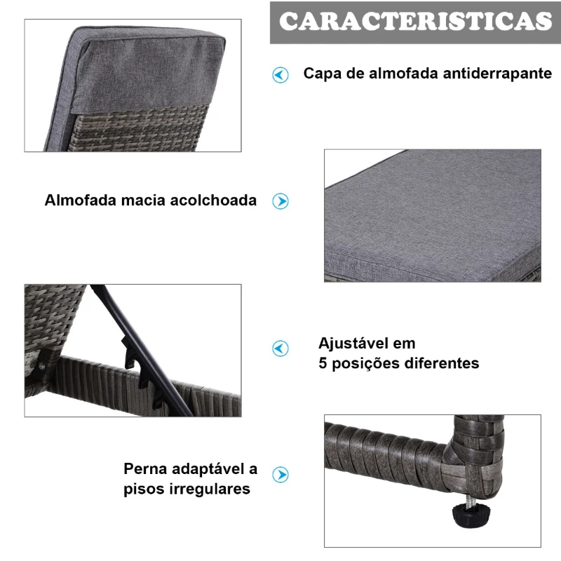 Outsunny Conjunto de 2 espreguiçadeiras de jardim com almofadas acolchoadas de vime com mesa lateral para piscina ou terraço Carga 160kg 195x60x86 cm de vime Armação de aço Cinza