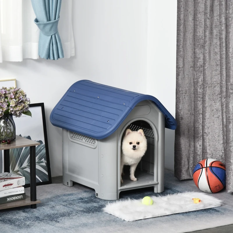 PawHut Casa para cães pequenos com respiradouros resistente para uso interno e externo 59x75x66 cm Azul e cinza