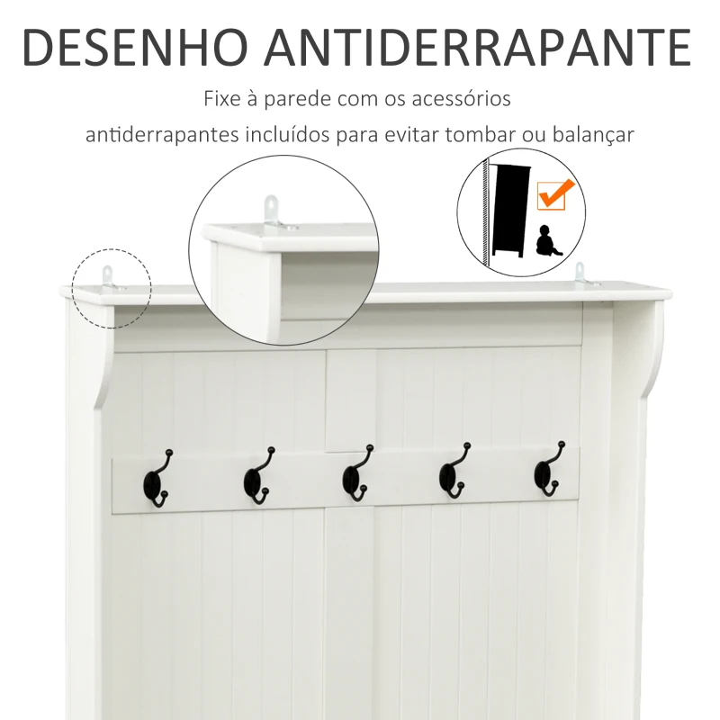 HOMCOM Móvel Cabide de Entrada com Banco Armário de Entrada com Cabide 5 Ganchos e Espaço de Armazenamento 96x34x179,7cm Marfim