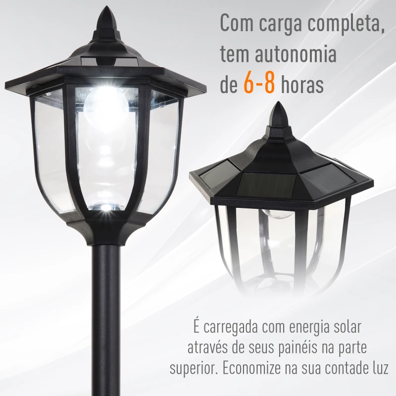 Outsunny Candeeiro Solar com Painel Solar Candeeiro de Jardim com 6 LEDS Autonomia 6-8 horas Ø26x177 cm Preto