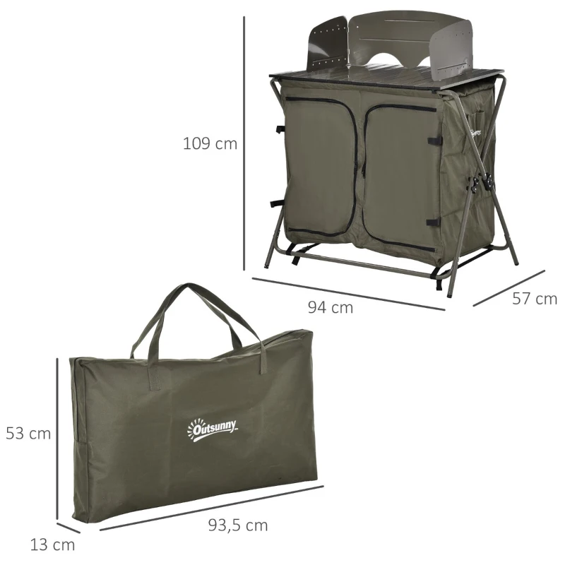 Outsunny Armário de cozinha dobrável com para vento 6 prateleiras Bolsa de armazenamento Portas com zíper para acampamento e piquenique 94x57x109 cm Verde