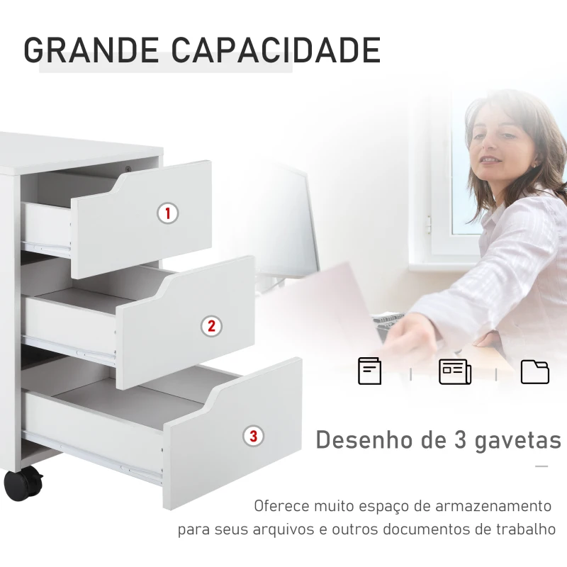 HOMCOM Bloco de Gavetas para Escritório Móvel de Escritório Bloco de Gavetas com 3 Gavetas e 4 Rodas 40x50x57,5 cm Branco