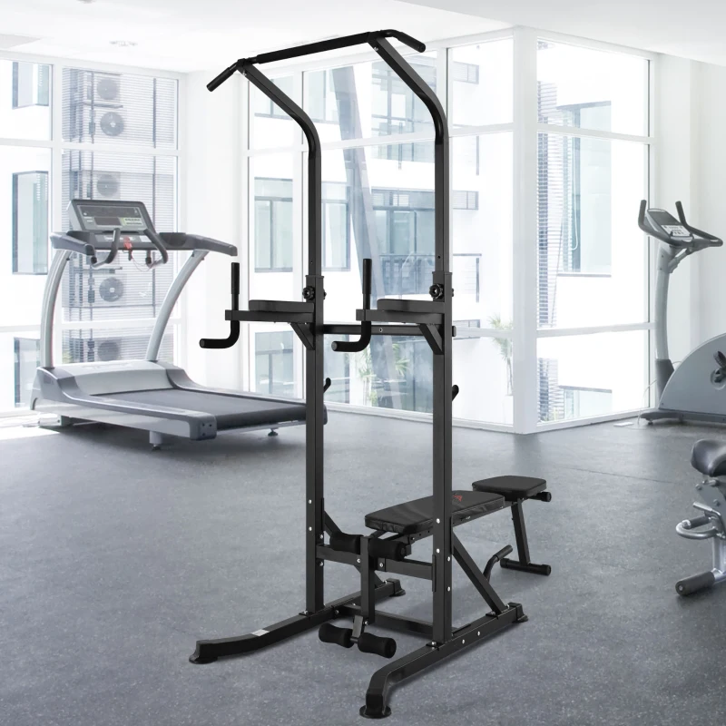 HOMCOM Estação de Musculação Torre de Treinamento Altura Ajustável com Barra de Flexões e Banco Dobrável para Fitness em Casa Academia Carga 150kg 99x178x230cm Preto
