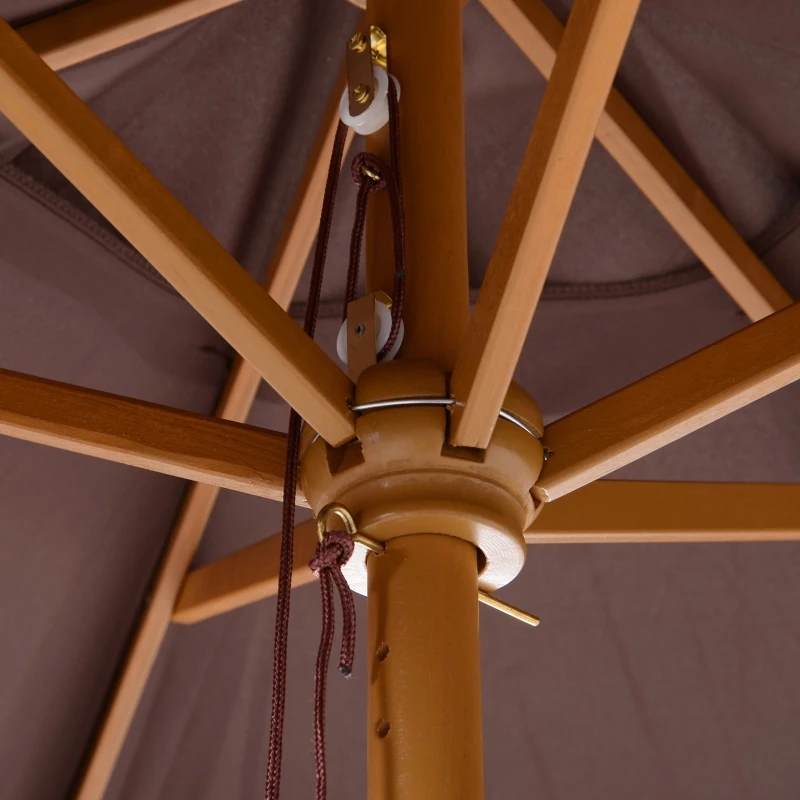 Outsunny Chapéu de Sol Ø250x230cm Chapéu de Sol com Mastro de Madeira com 6 Hastes Sistema de Polia com Fixação para Jardim Pátio Terraço Marrom