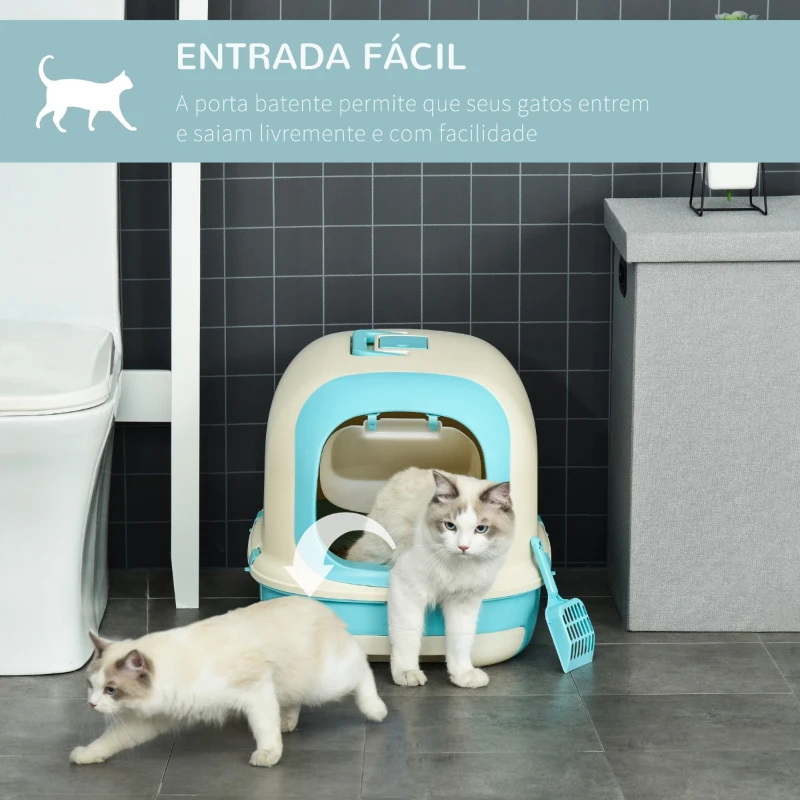 PawHut Caixa de Areia para Gatos com Alça de Transporte Duplo Fundo Bandeja Removível Pá e Filtro de Carvão Ativo 63x43x43cm Bege e Verde