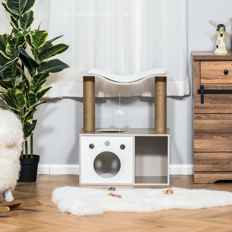 PawHut Árvore Arranhador para Gatos Altura 74 cm com Plataformas Caverna Poste para Coçar Bolas e Caixa de Armazenamento Madeira Natural e Branco