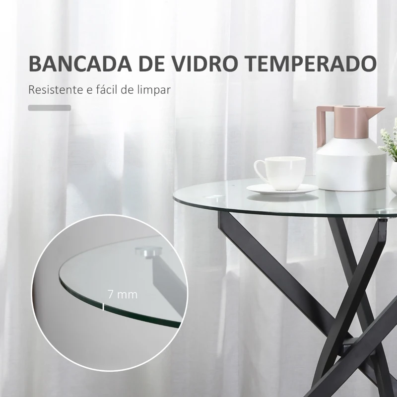 HOMCOM Mesa de Sala de Jantar Redonda com Bancada de Cristal Temperado Transparente e Pés Cruzados de Metal Mesa de Centro Moderna Ø80x75cm Preto